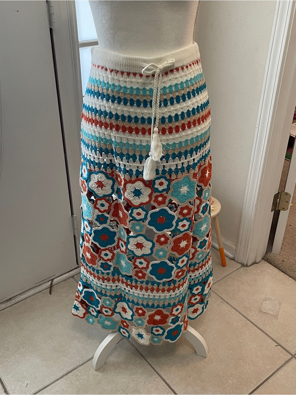 Boho Crochet Floral Maxi Skirt in Cream, Teal & Rust